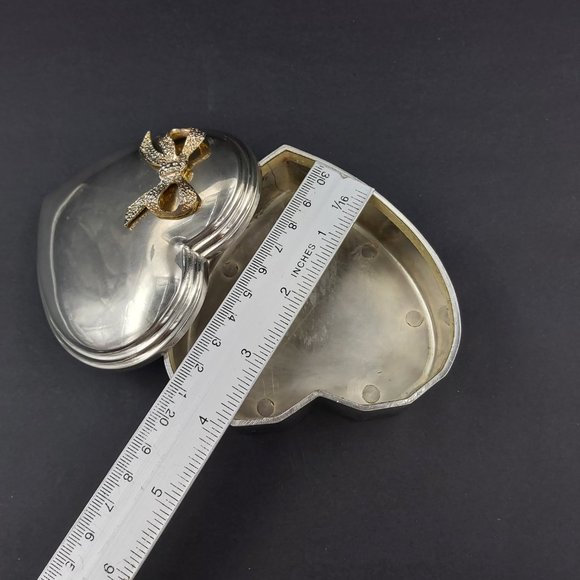 Zinc Alloy Silver Plated Heart Shaped Trinket Box with Gold  Bow 4 x 4 x 2 inch - Picture 6 of 14